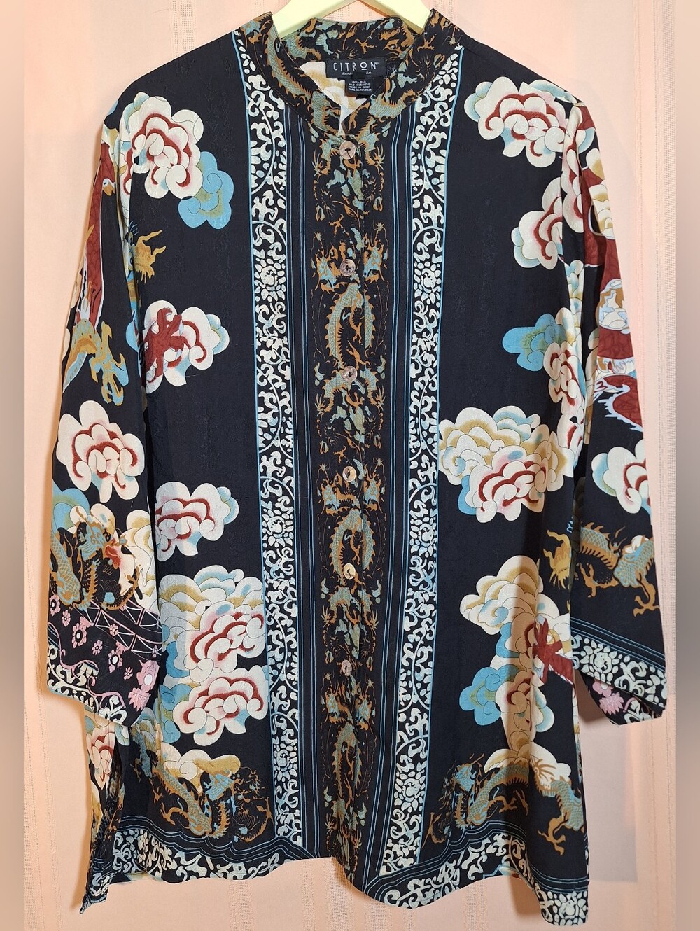 CITRON SANTA MONICA Black Floral/Cloud Print 100% Silk Button-up Jacket